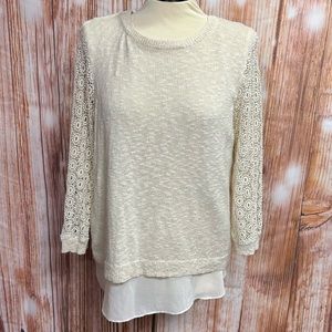 Lucky Brand Ivory‎ Linen Blend Layered Split Back Lace Sleeve Sweater